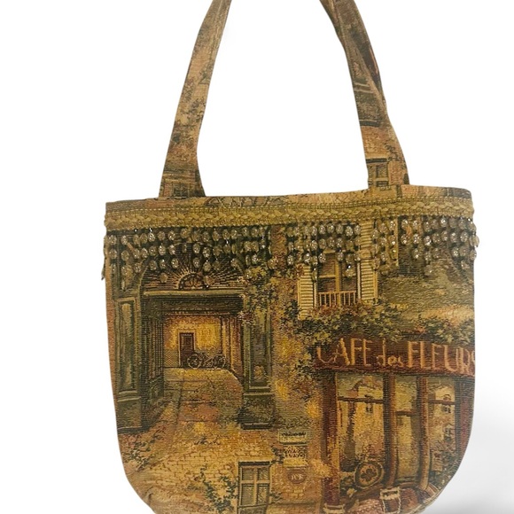 Handbags - Tapestry Tote Bag Embroidered Paris Café Scene Beaded Trim Quilted Interior